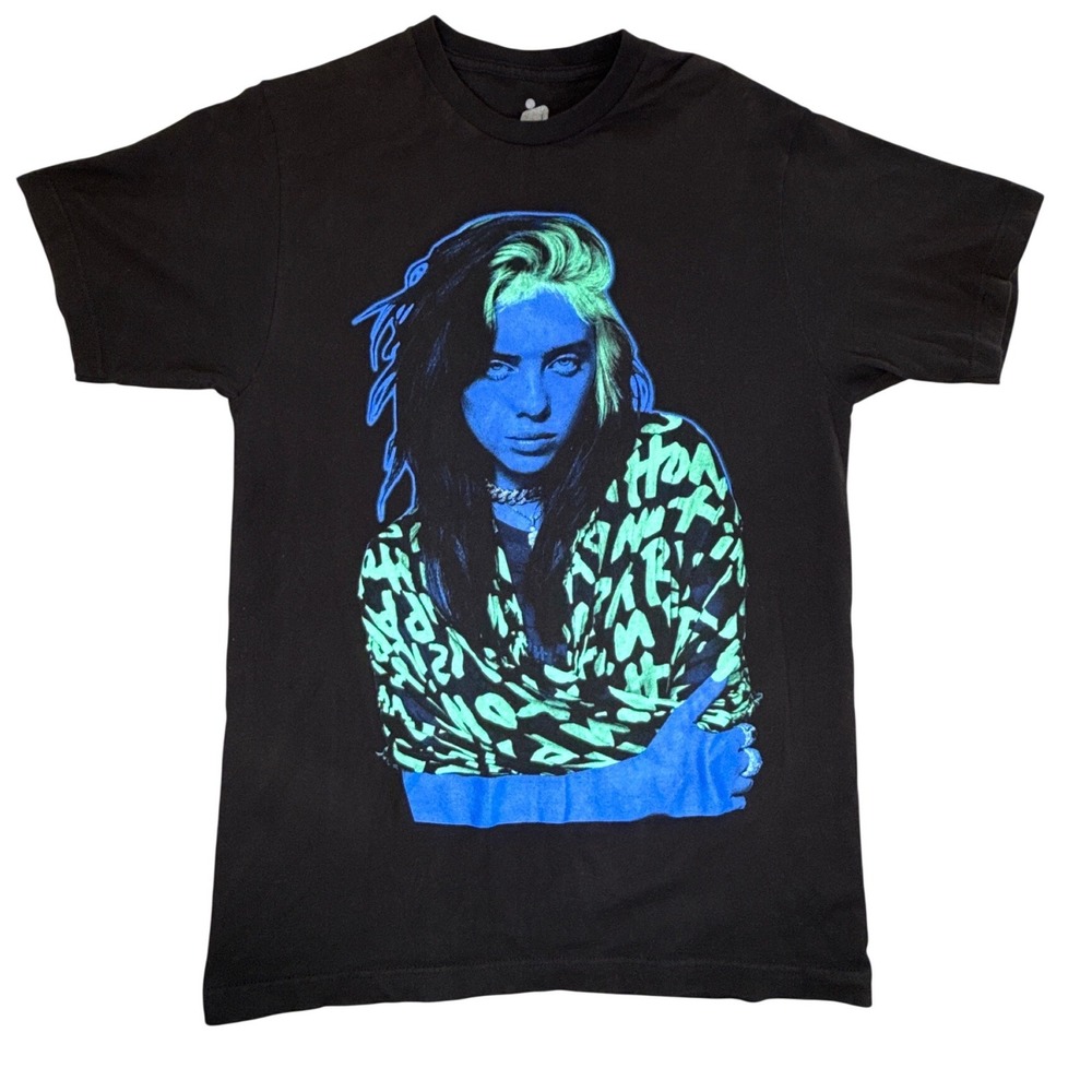 Billie Eilish Graphic T-Shirt Black Neon Blue Green Portrait Cotton Large 2020